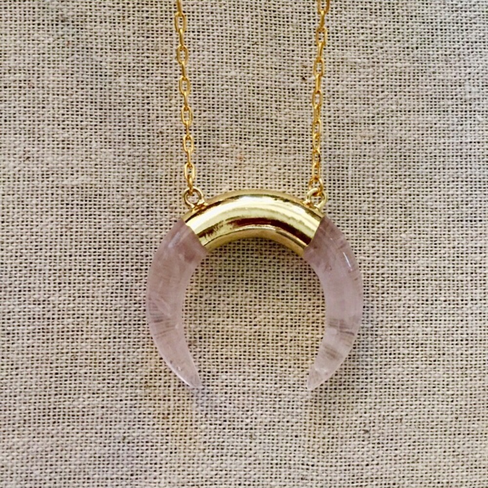 Rose Quartz Horn Crescent Necklace - Picture 2 of 4